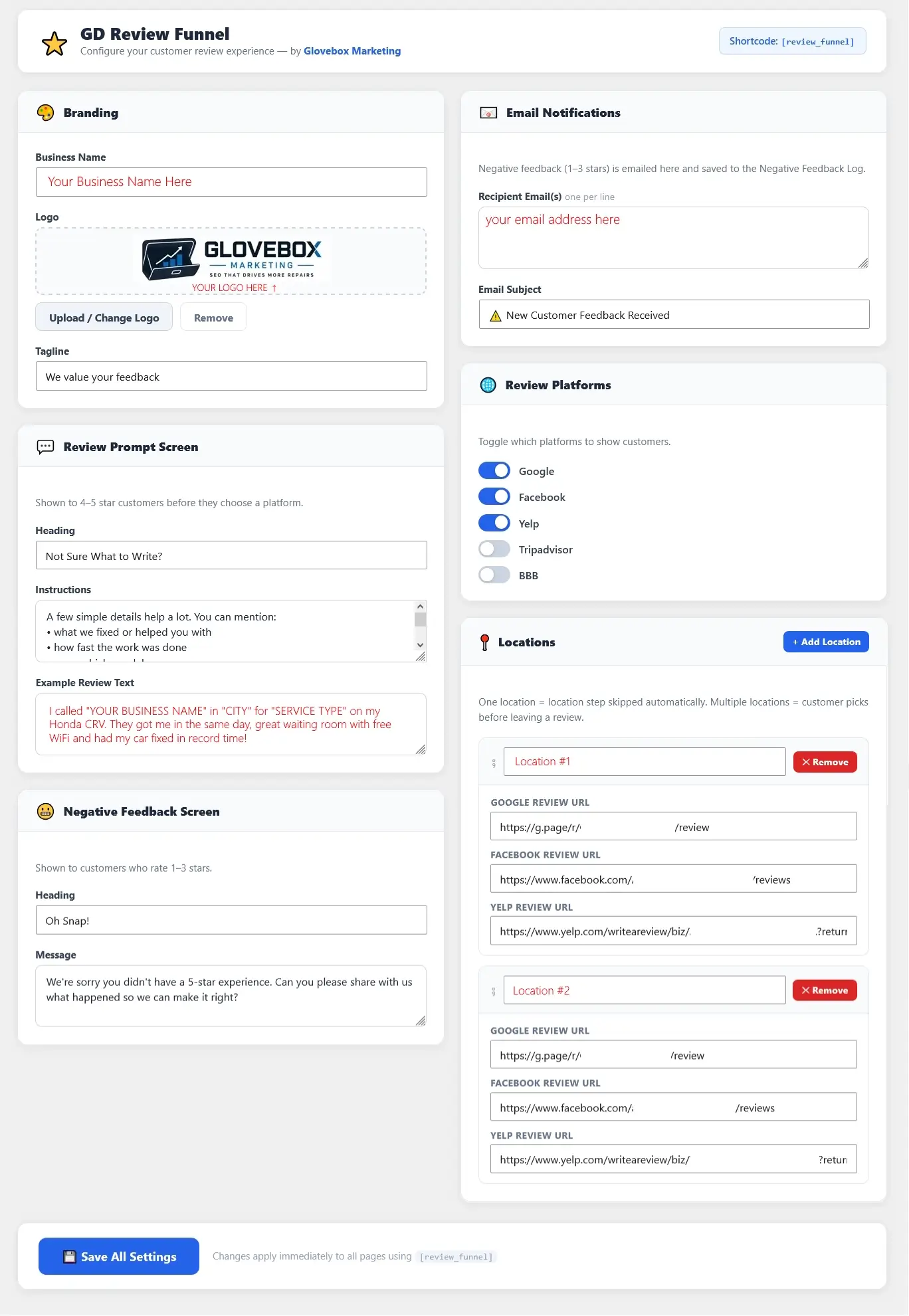 ReviewAide WordPress admin dashboard showing branding settings, email notifications, review platforms, and multi-location configuration