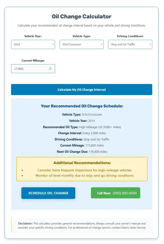 Oil Change Calculator showing a completed result with vehicle details, recommended oil type, change interval, additional recommendations, and service appointment buttons