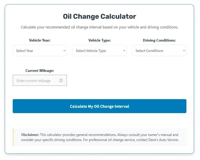 Oil Change Calculator showing the empty input form with vehicle year, type, driving conditions, and current mileage fields