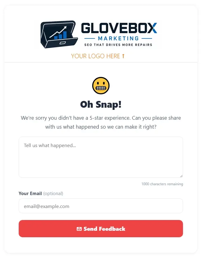 ReviewAide negative feedback capture form for unhappy customers