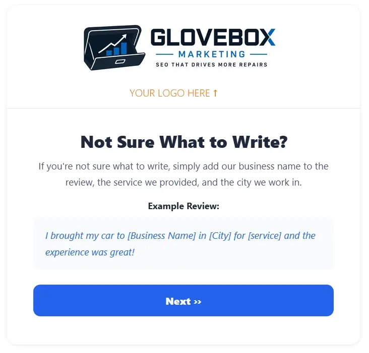 ReviewAide review prompt coaching screen with example review text