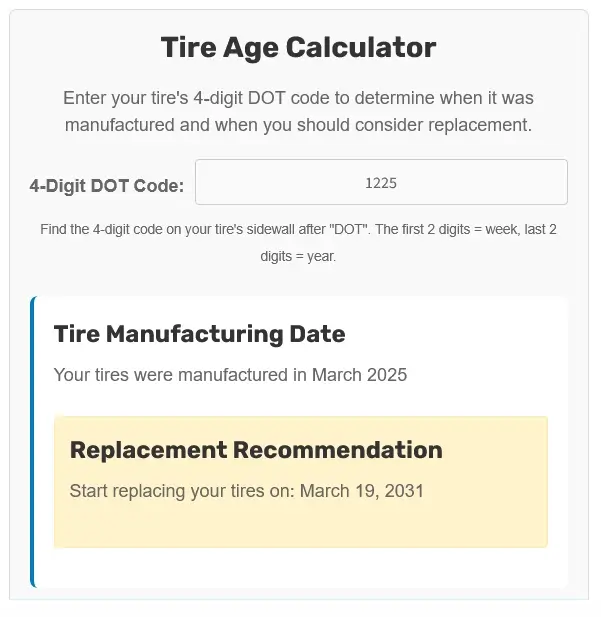 Tire Age Calculator showing a recent manufacture date with a future replacement recommendation