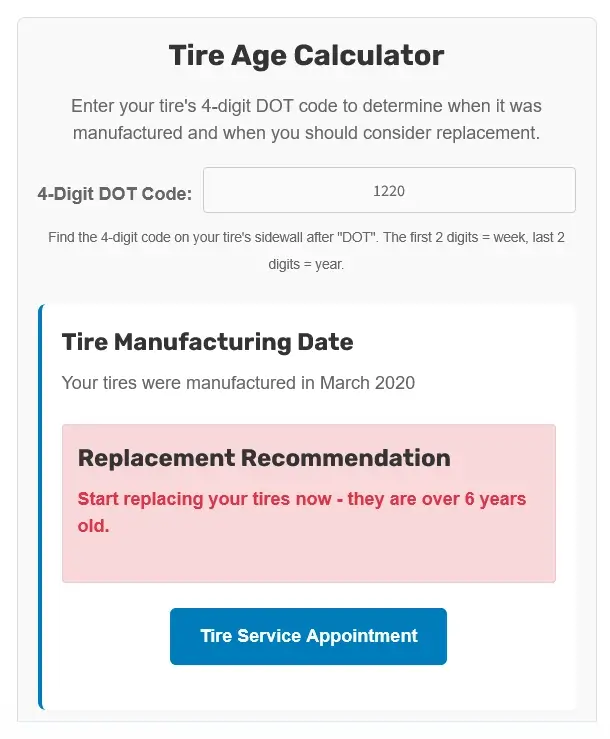 Tire Age Calculator showing aged tires with a red replacement warning and service appointment button