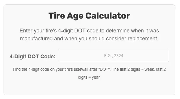 Tire Age Calculator interface showing DOT code lookup