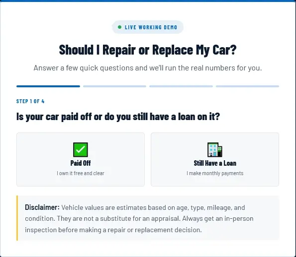 Vehicle Repair Calculator showing the loan vs paid off choice screen and the vehicle details input fields