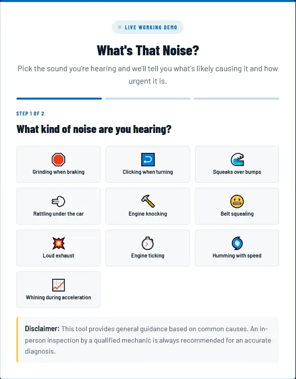 What's That Noise diagnostic tool showing the noise selection grid